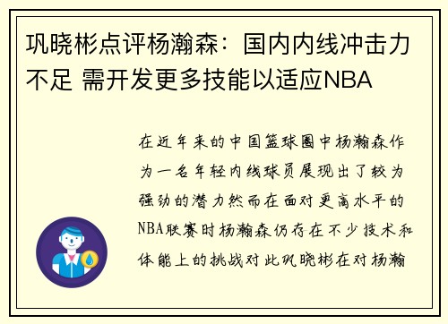 巩晓彬点评杨瀚森：国内内线冲击力不足 需开发更多技能以适应NBA